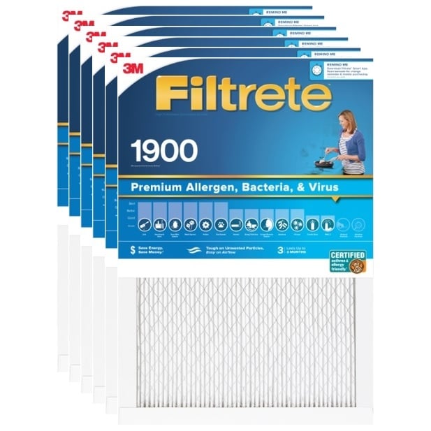 Genuine 3M Filtrete MPR 1900 Premium Allergen, Bacteria, Virus 1" Furnace & AC Air Filter - 6-Pack