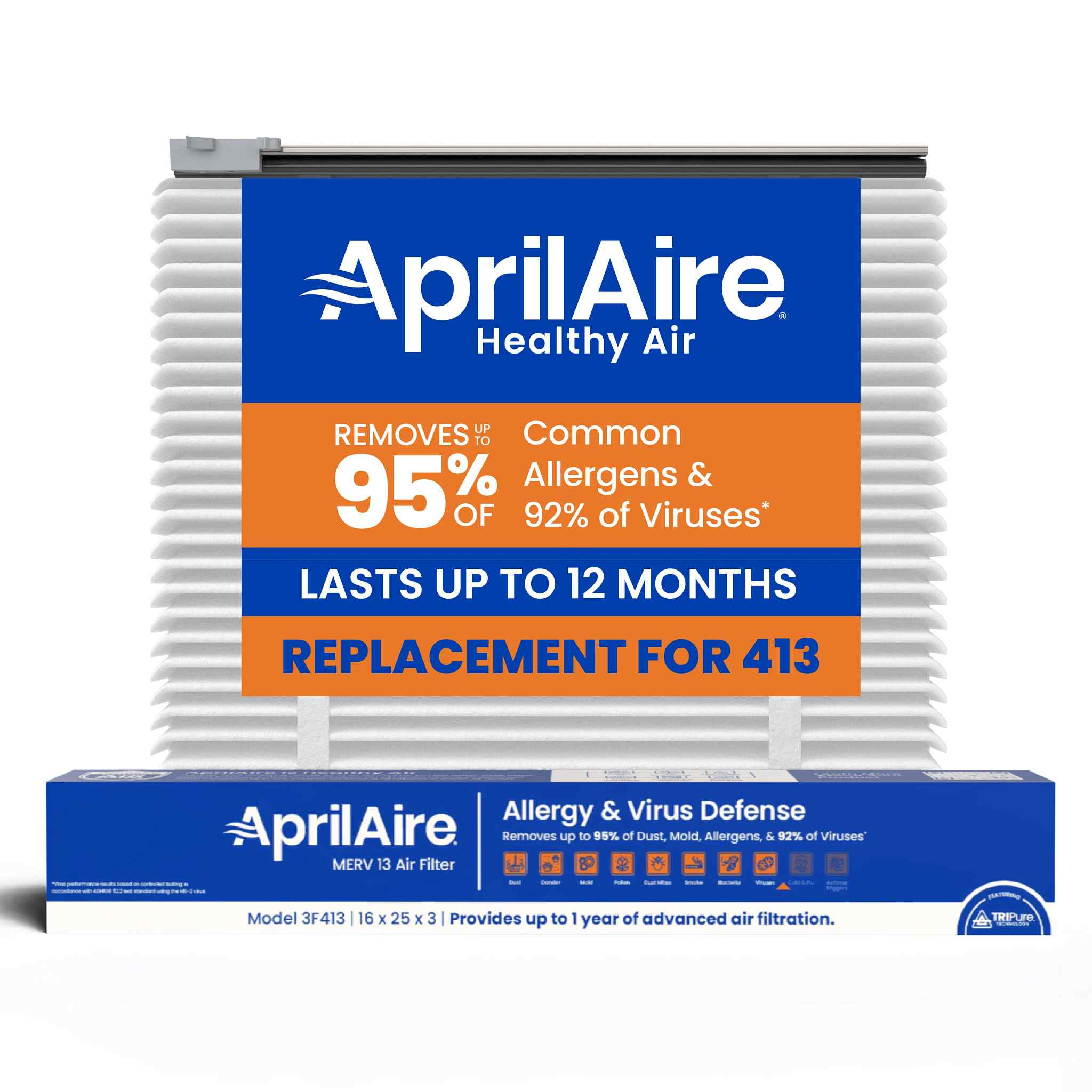  APRILAIRE 3410 replacement part - Genuine AprilAire TriPure 413 16x25x3 MERV 13 Allergy & Virus Defense Air Filter + Upgrade Rails | Replaces AprilAire 413